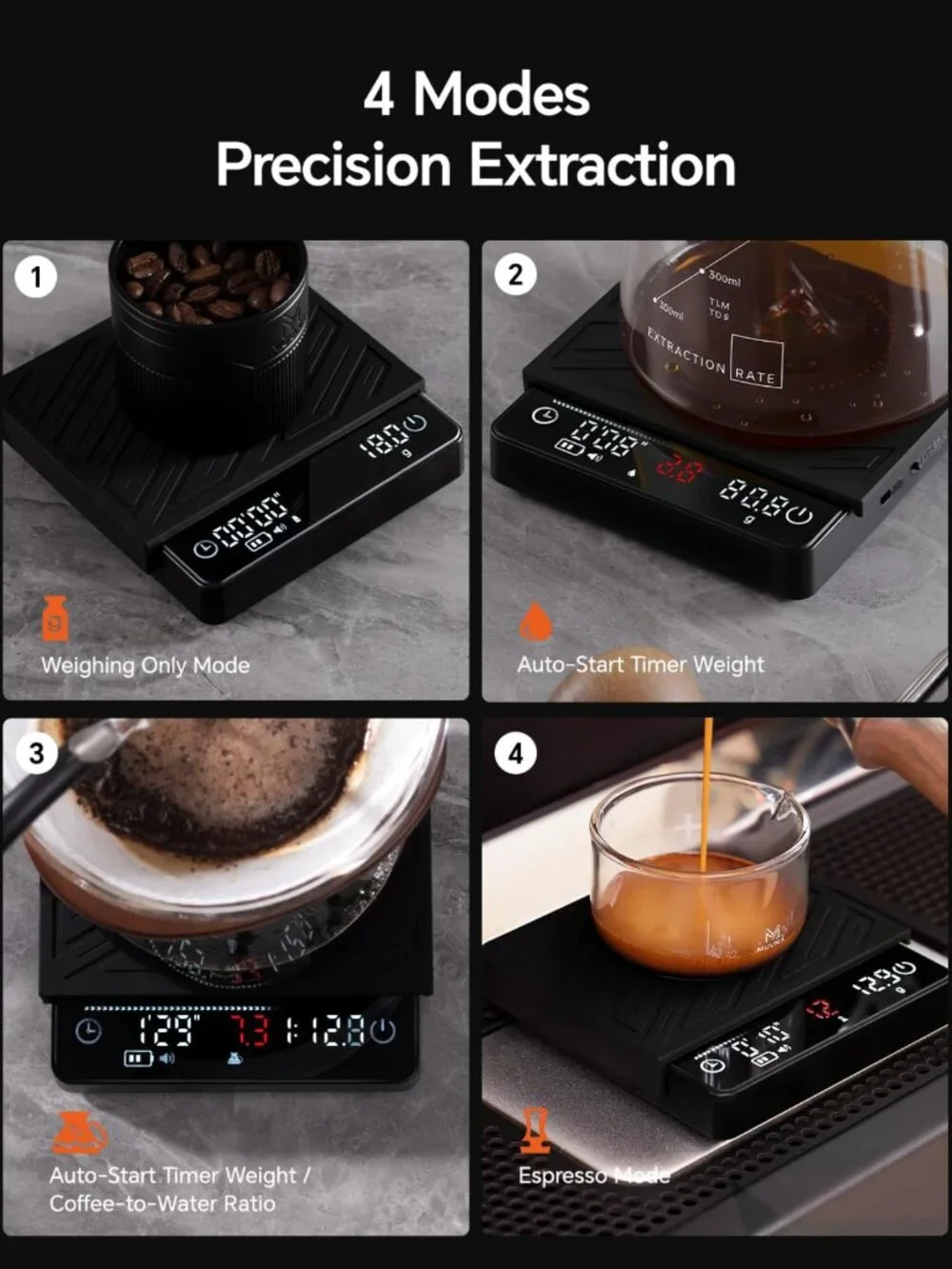 Mini Espresso Coffee Scale 0.1g Precision Timer 2kg Capacity Complete